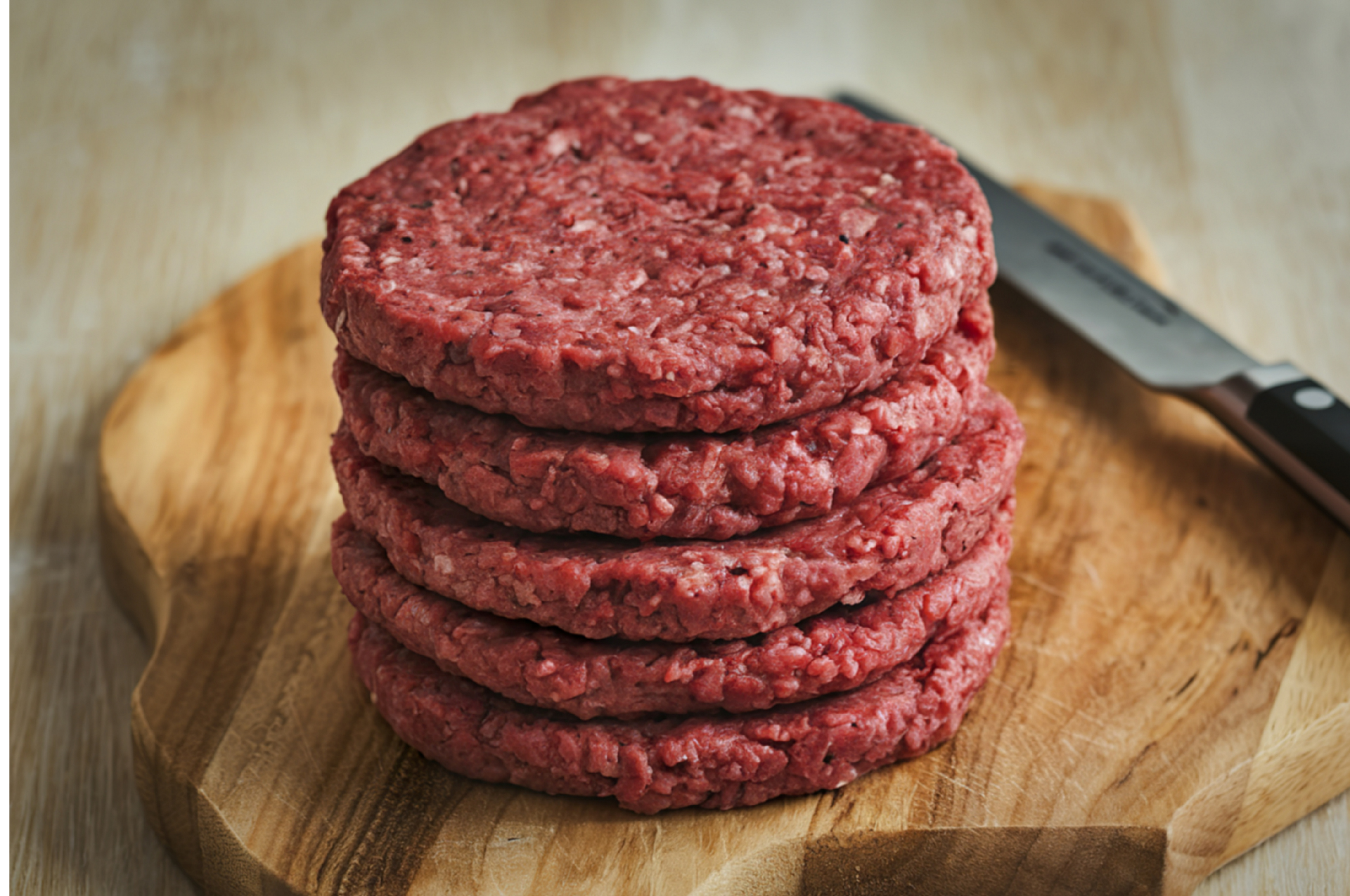 A butcher in a white coat wearing a protective mesh glove cuts a raw piece of beef on a wooden table.