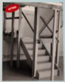 Wooden staircase with a handrail. Red