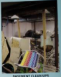 A cluttered basement with a colorful folding chair, supporting beams, and various objects.