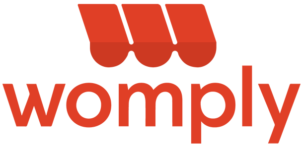 A red womply logo on a white background