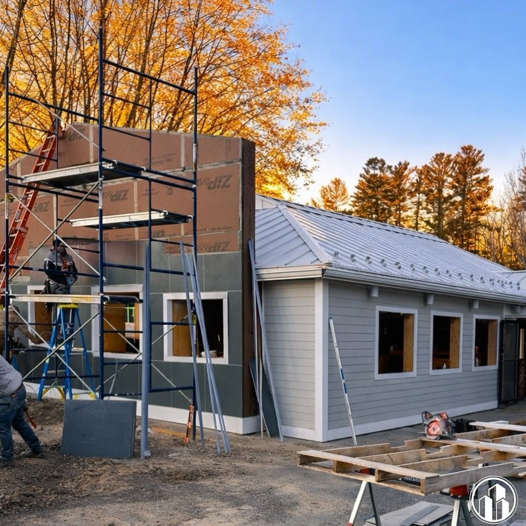 Exterior of a house under construction with scaffolding and workers beside gray siding and autumn trees