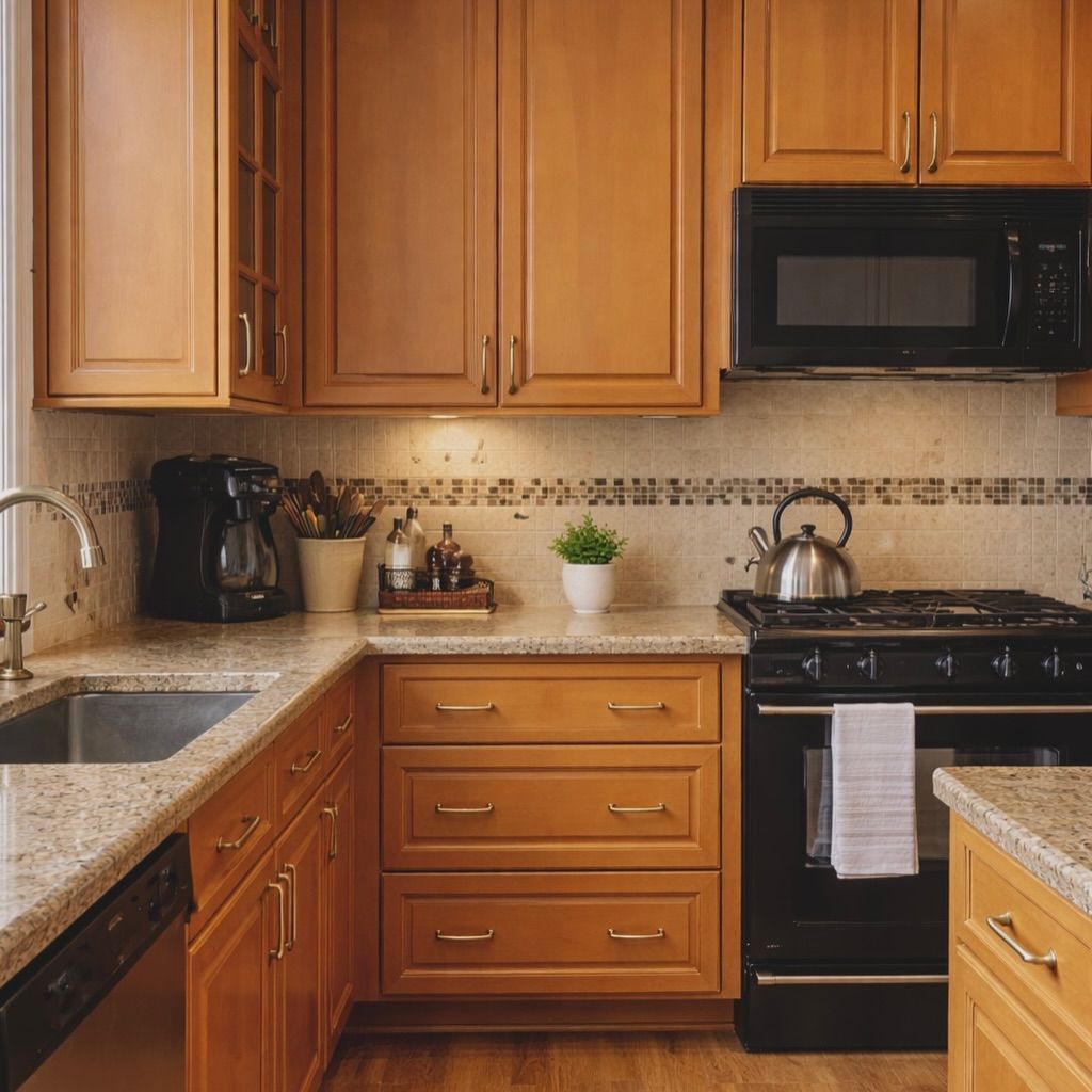 Warm kitchen with wooden cabinets, granite counters, black appliances, and a small potted plant.