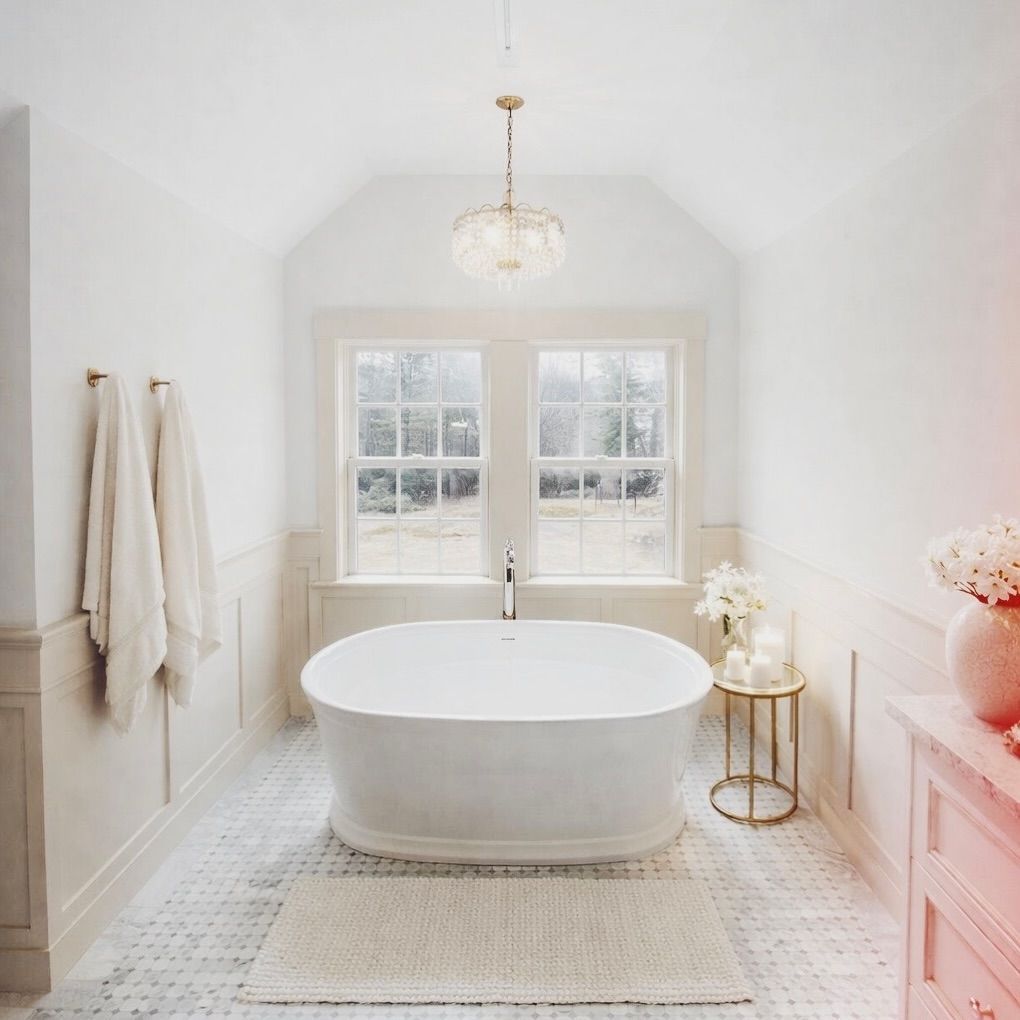Bright white bathroom with a freestanding tub, window, towels, and gold accents