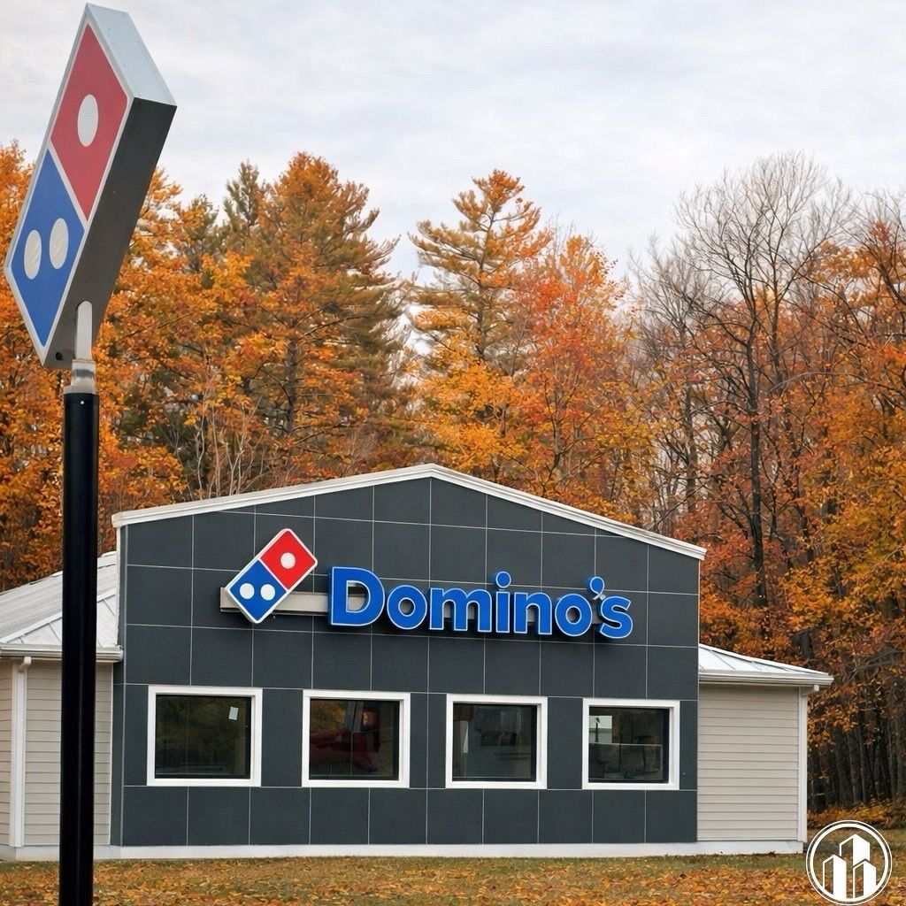 Domino’s storefront with blue sign and autumn trees in the background