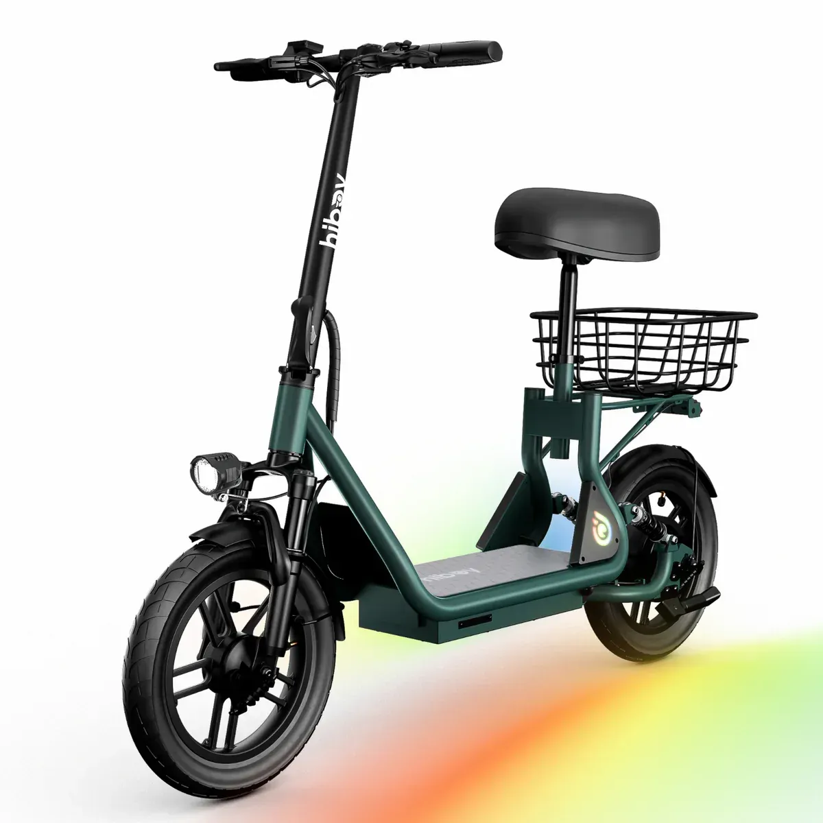 Black electric scooter with a seat and basket.