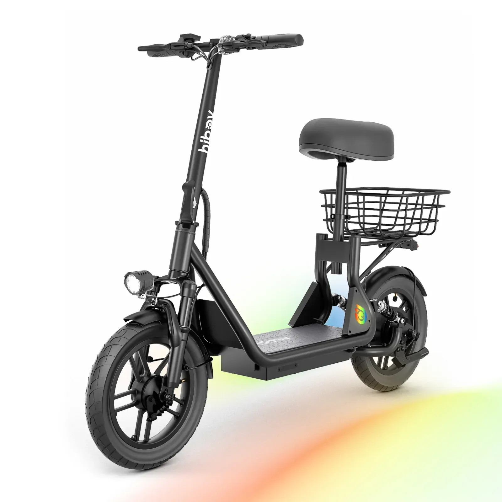 Black electric scooter with a seat and basket.