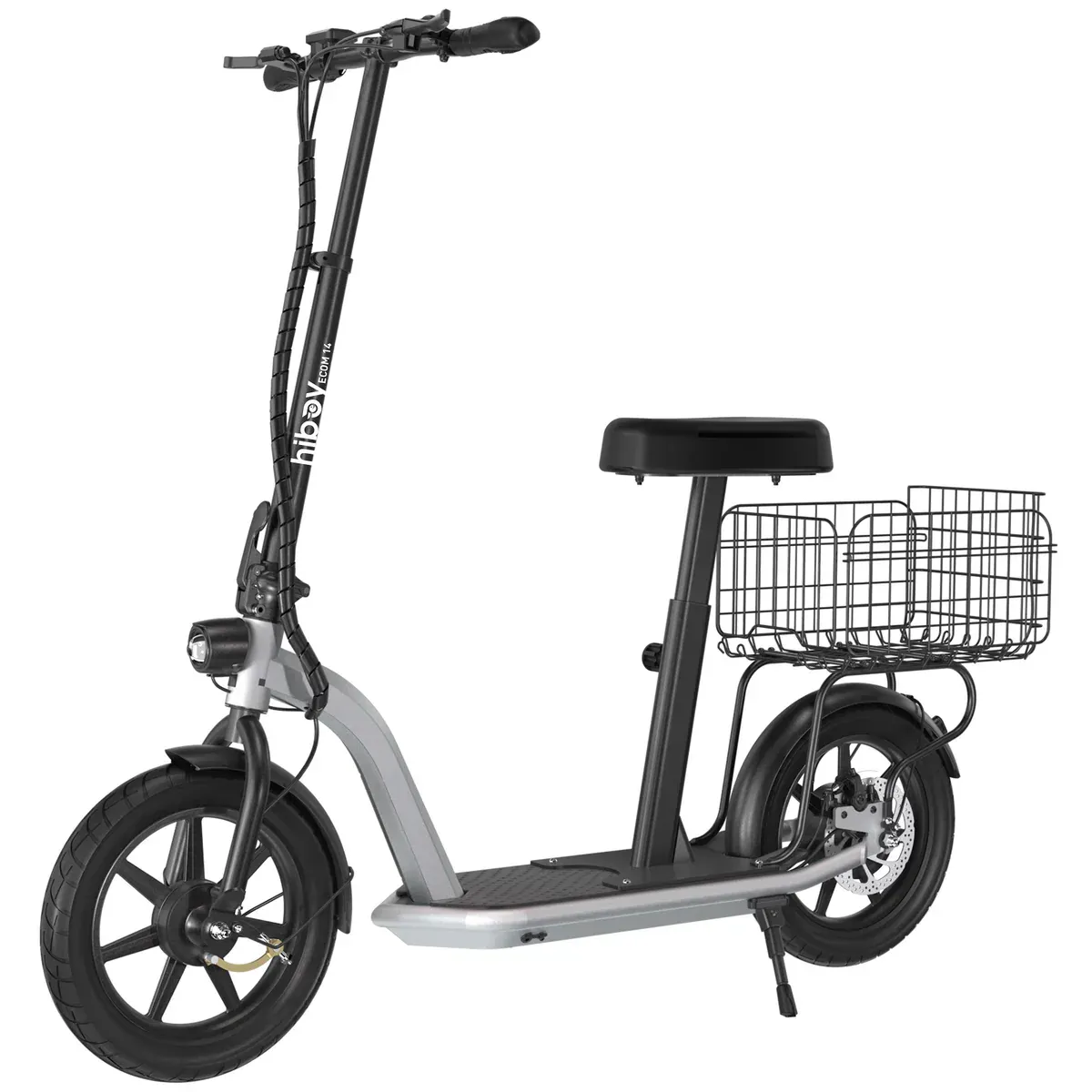 Silver electric scooter with a seat and basket.