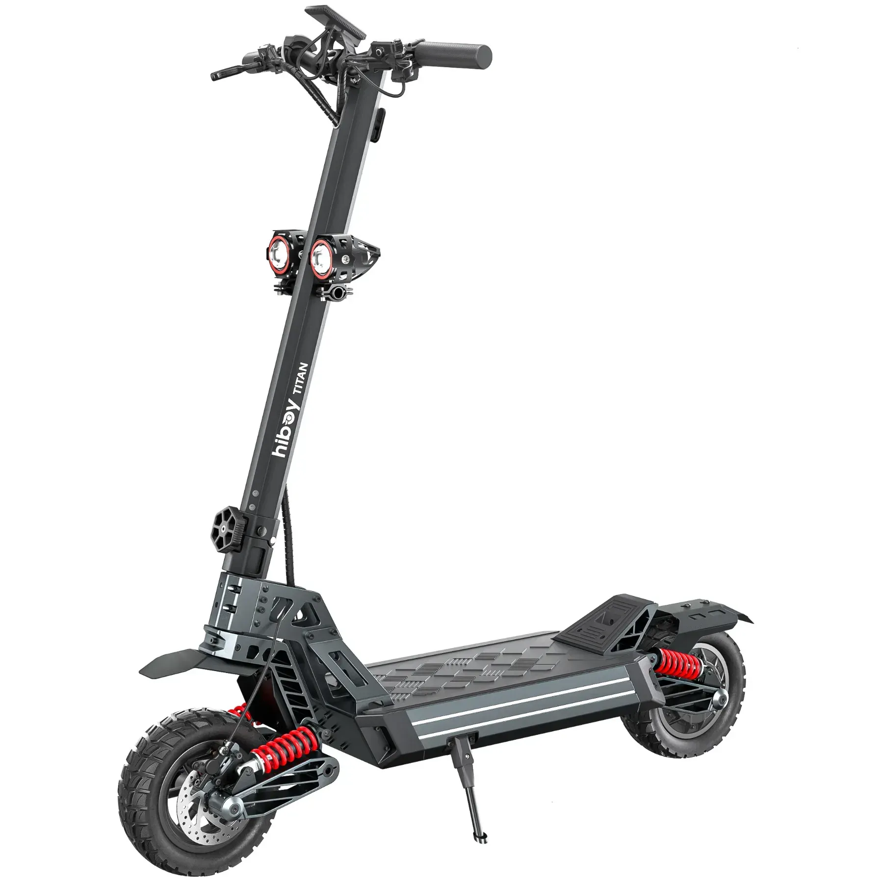 Black and gray electric scooter with a tall handlebar and suspension.