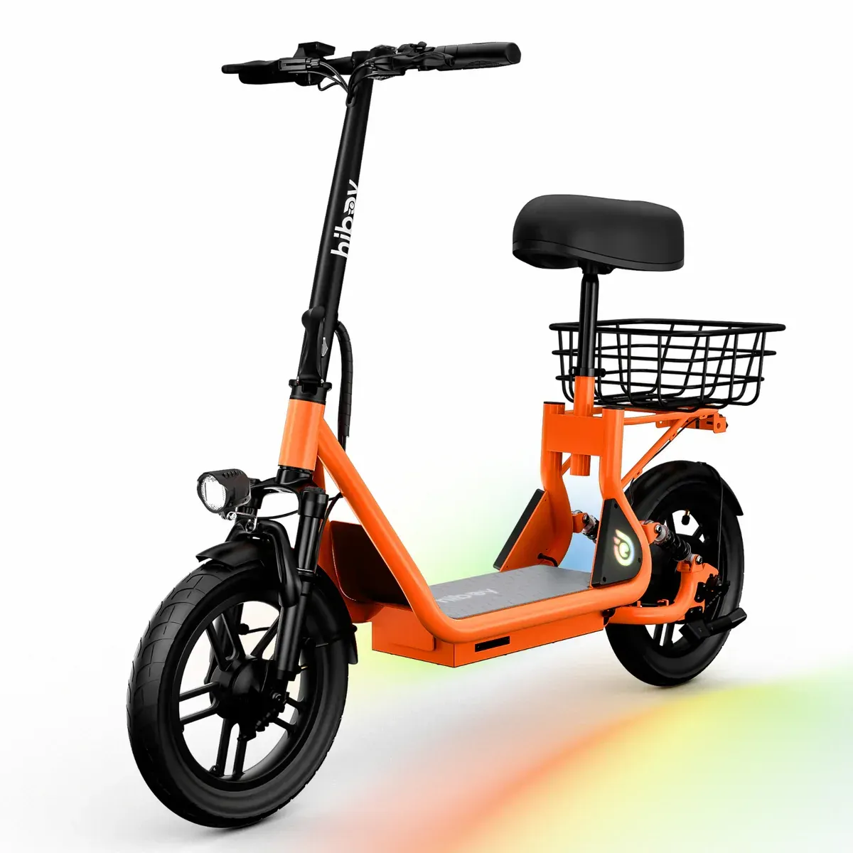 Orange electric scooter with a seat and basket.