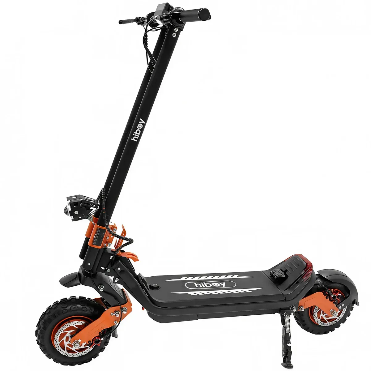 Black and orange electric scooter with large tires, upright on a kickstand.