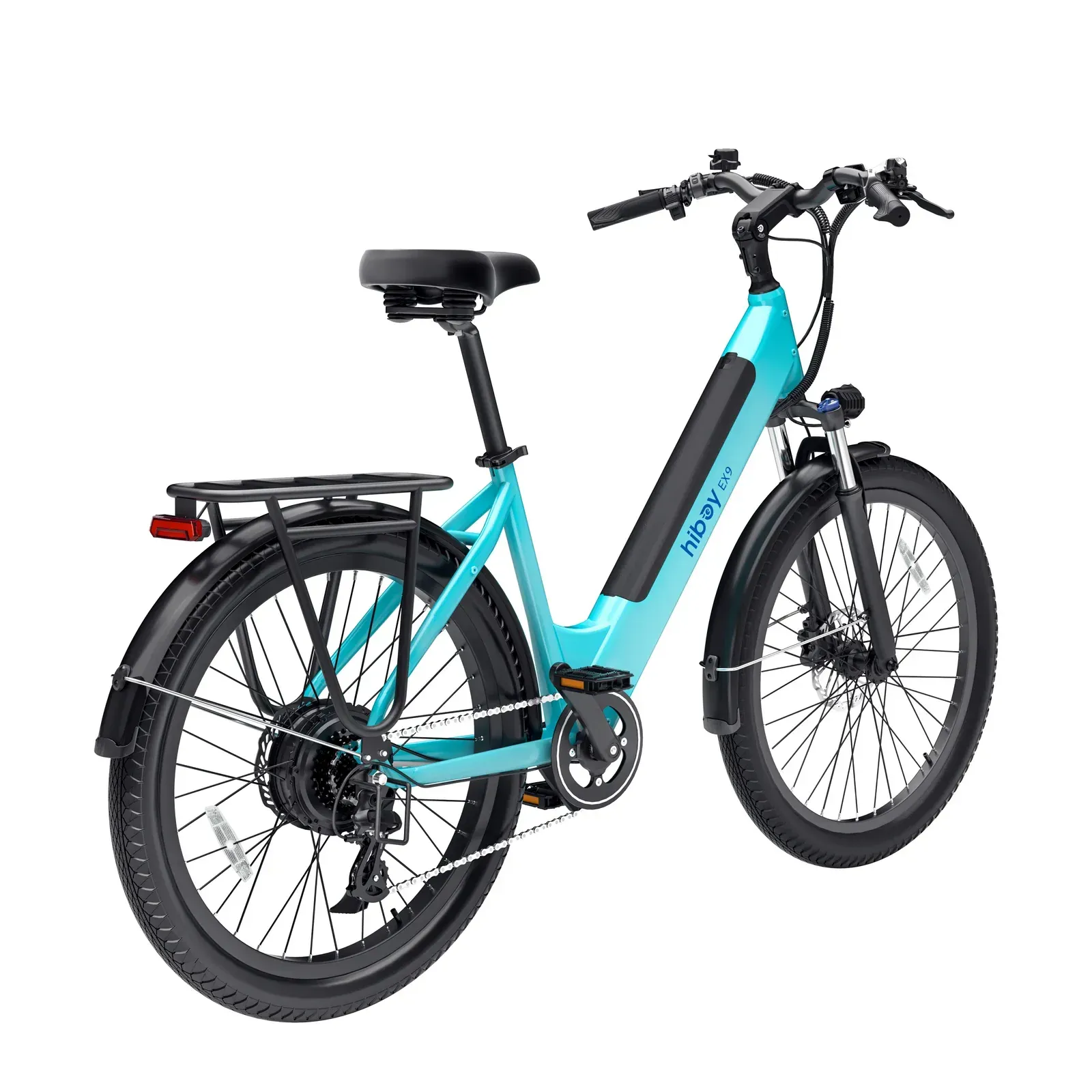 Black electric bicycle with thick tires, rack, and headlight.