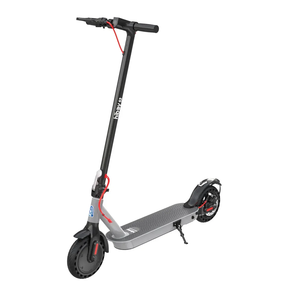 Electric scooter, gray and black, with red accents, on a white background.