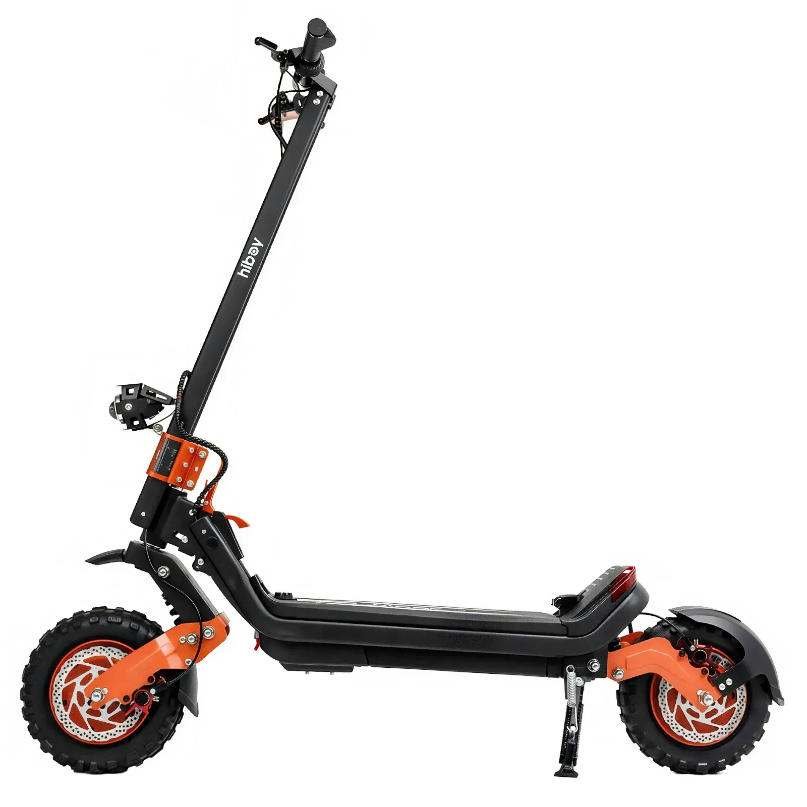 Black and orange electric scooter with large off-road tires, kickstand, and handlebar controls.