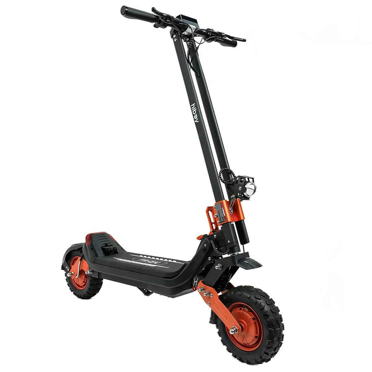 Black and orange electric scooter with large tires, upright on a kickstand.