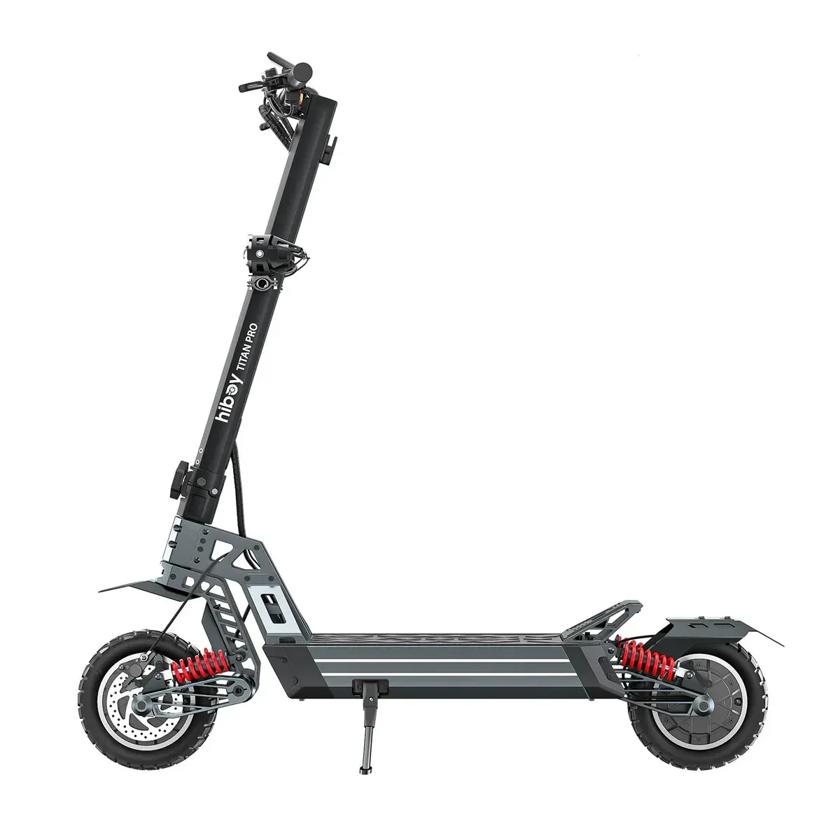Black and gray electric scooter with two headlights, off-road tires, and a kickstand.