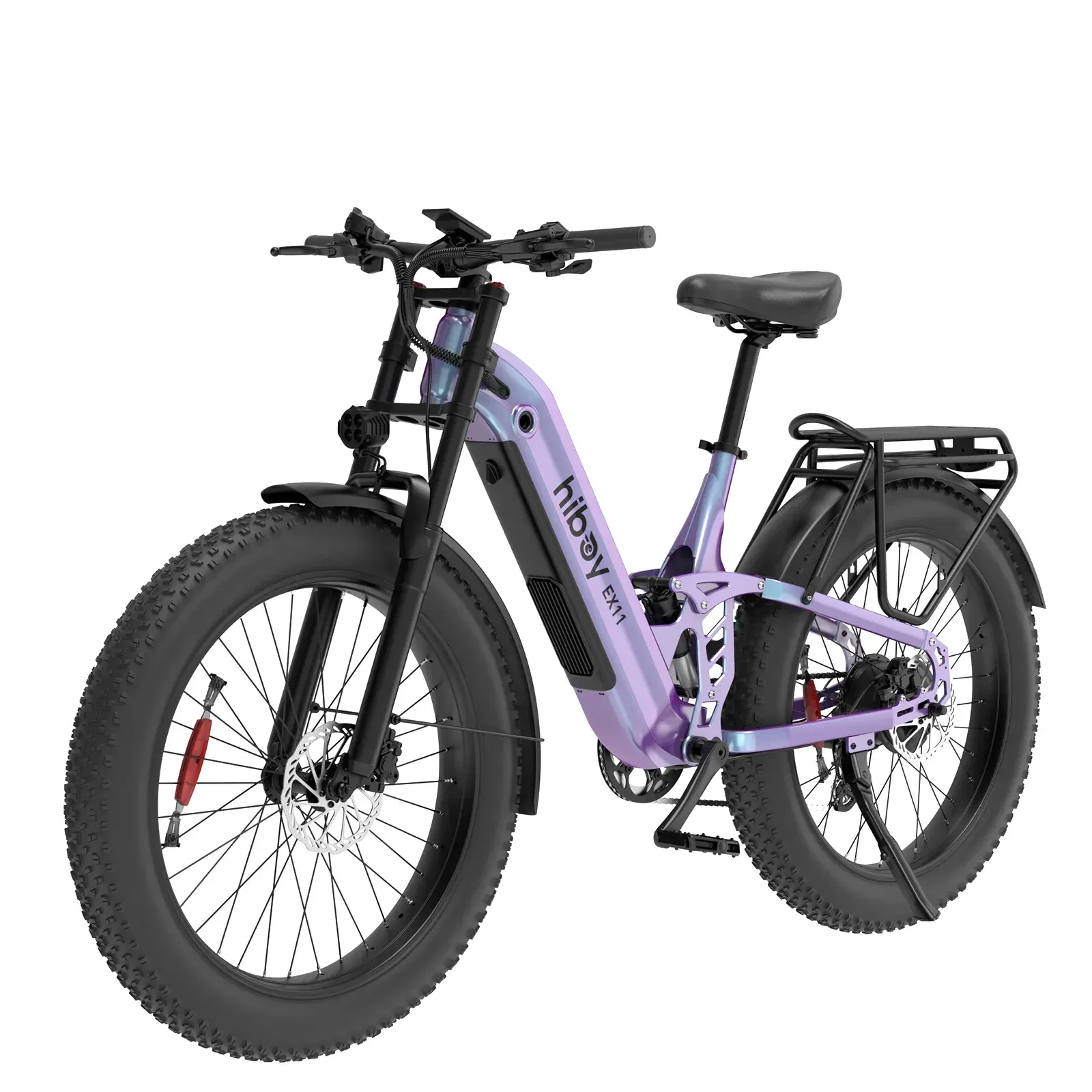 Purple Hiboy electric bike with fat tires and rear rack.