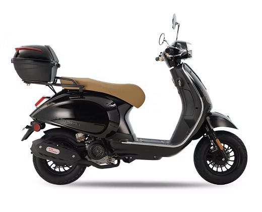 Black and tan scooter with a storage box, set against a white background.
