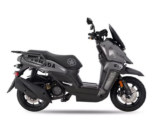 Gray scooter with black accents, luggage rack, and windshield, on white background.