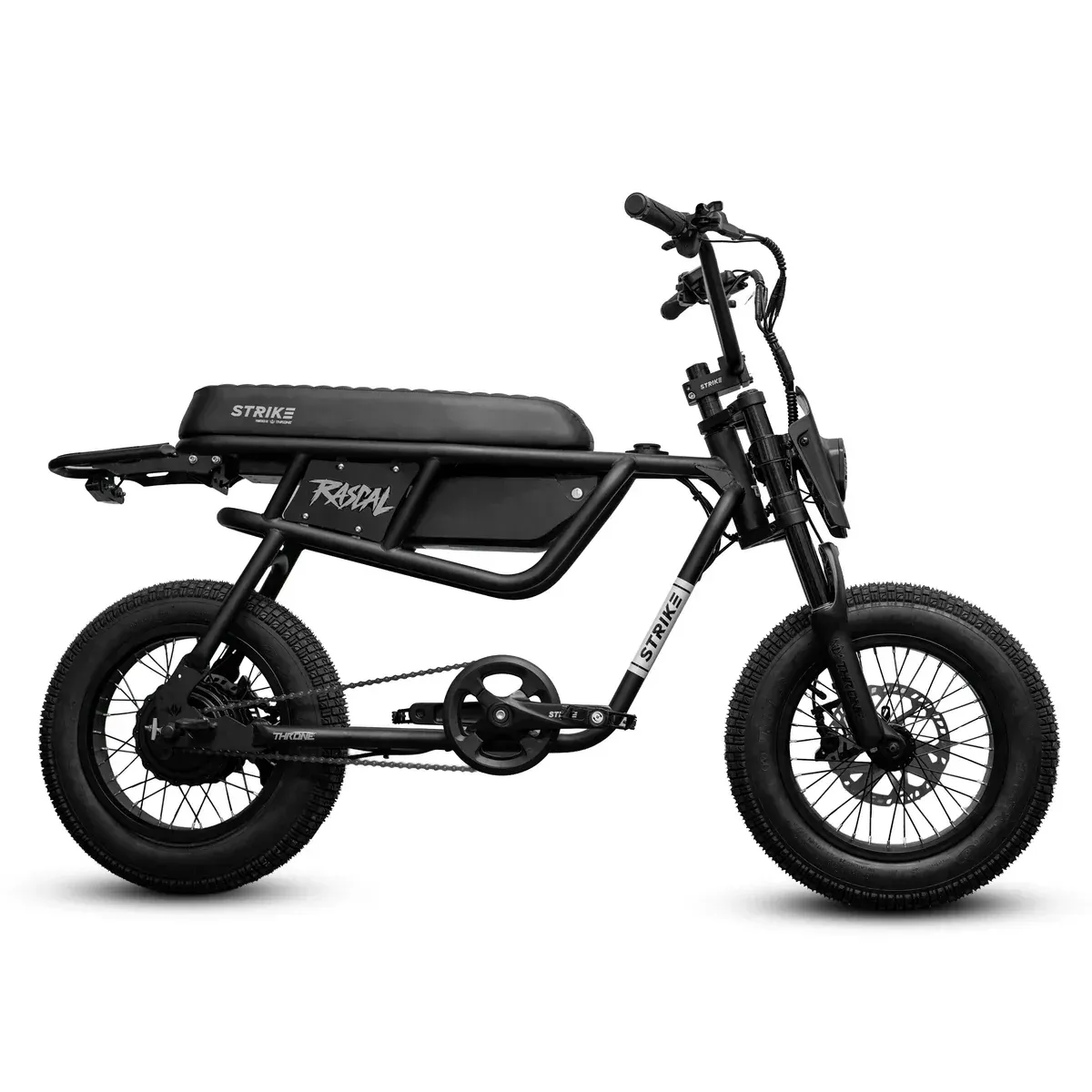 Black electric bicycle with thick tires, seat, battery, and rear cargo rack.