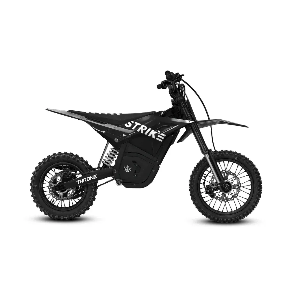 Black electric dirt bike with "STRIKE" logo on white background.