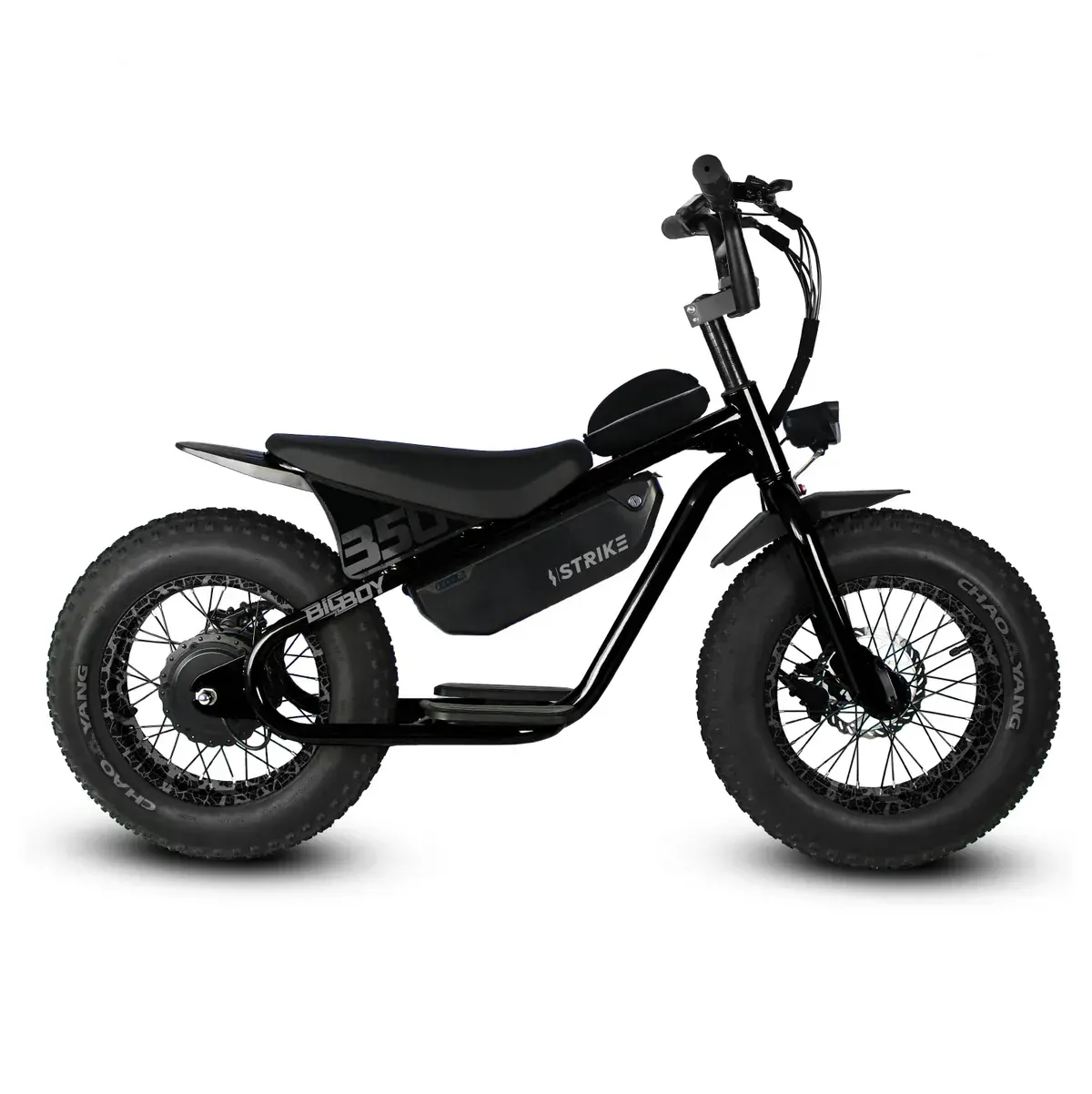 Black electric bicycle with thick tires on a white background.