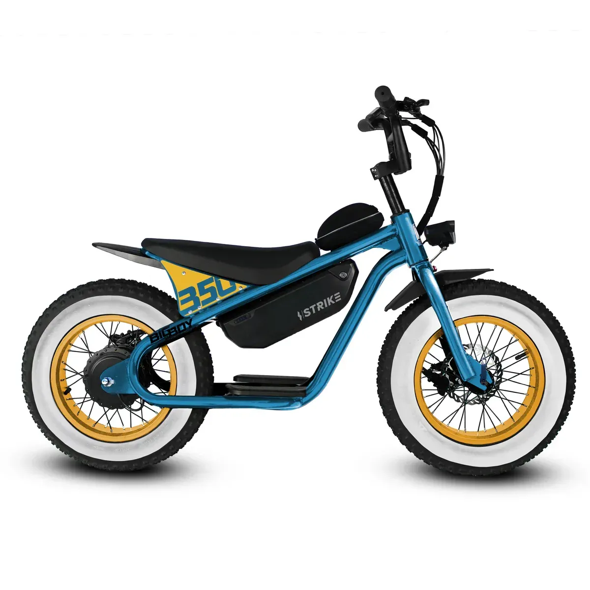 Black electric bicycle with thick tires on a white background.