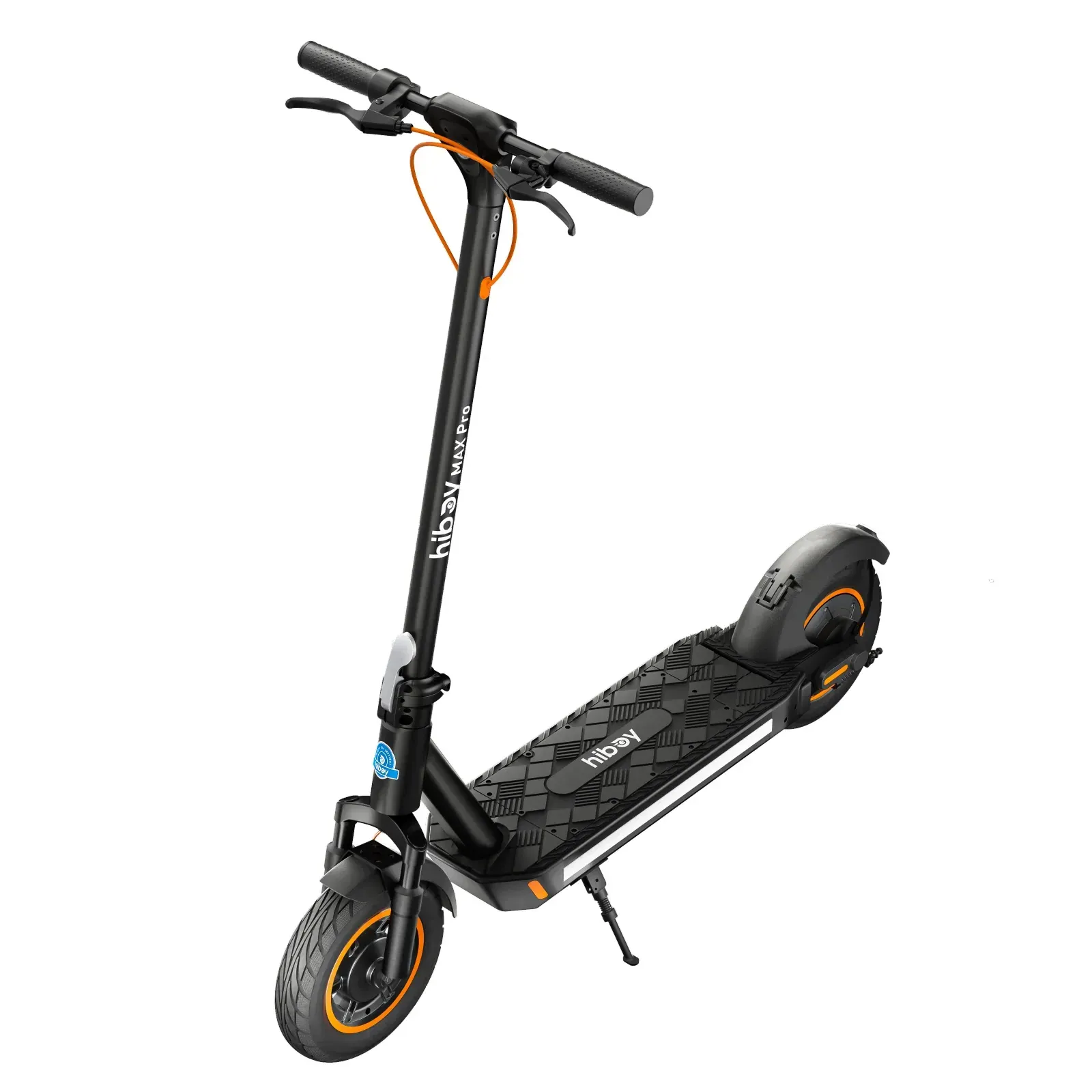 Black electric scooter with orange accents.
