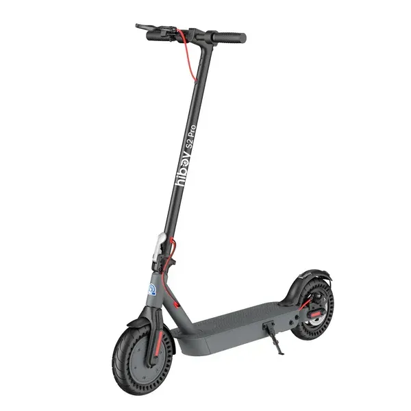 Gray electric scooter with black tires and red accents.