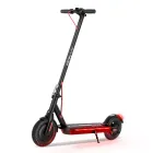 Black and red electric scooter, angled view on white background.