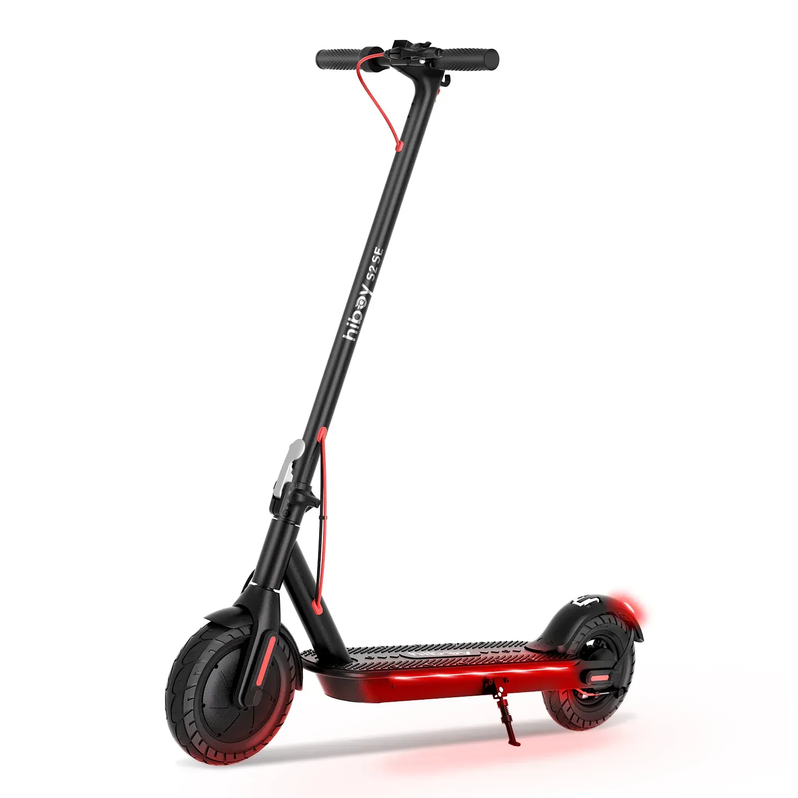 Black and red electric scooter with a tall handlebar, displayed from a side view.