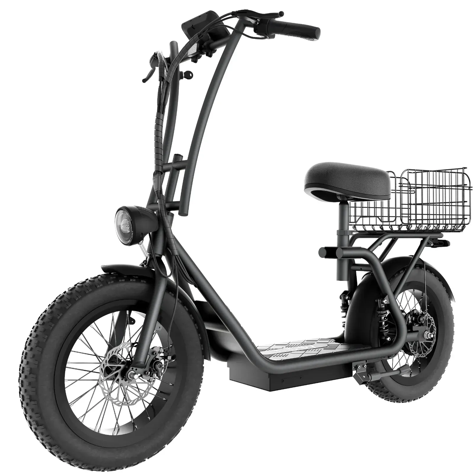Black electric scooter with a basket, headlight, and fat tires.