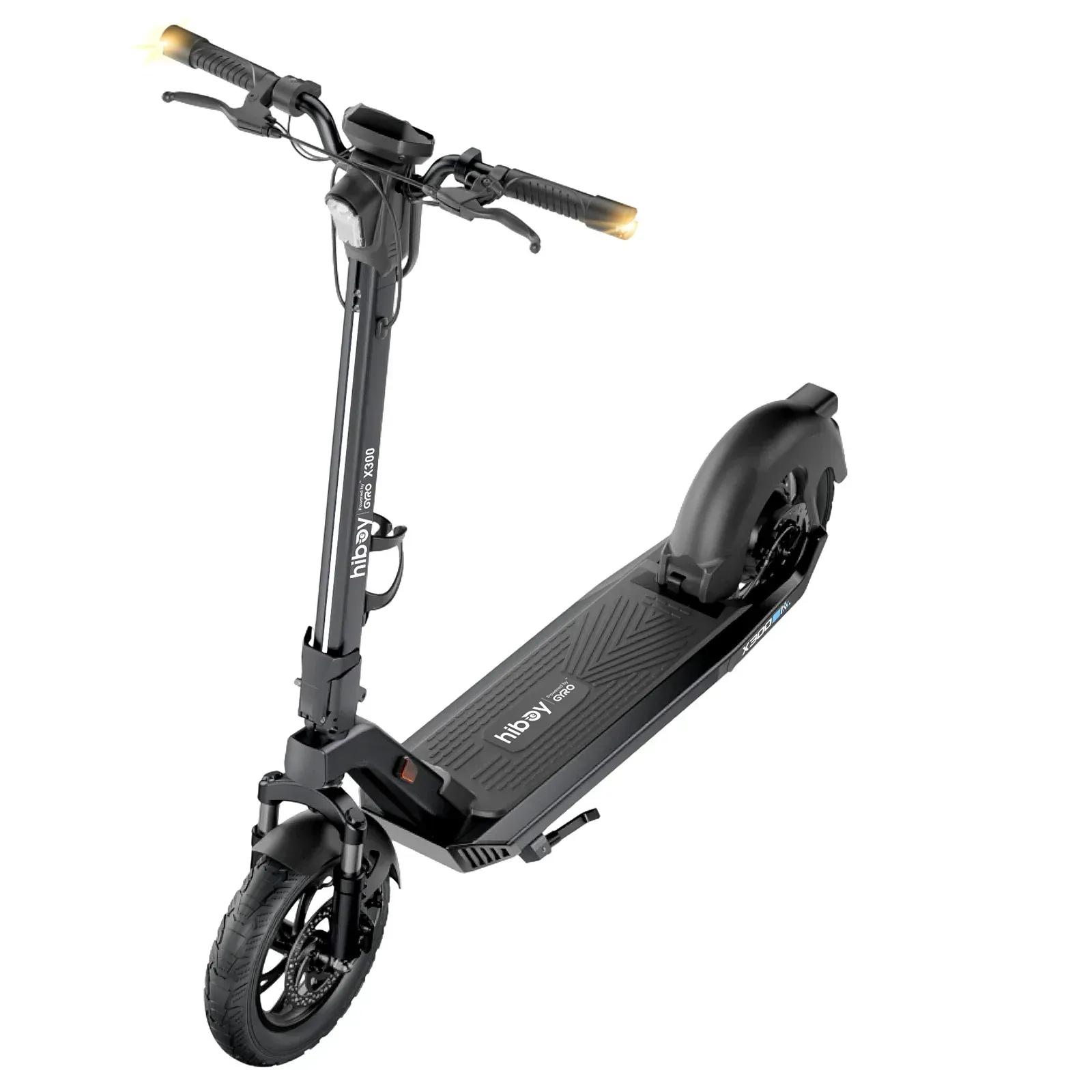 Black electric scooter on a white background, angled view.