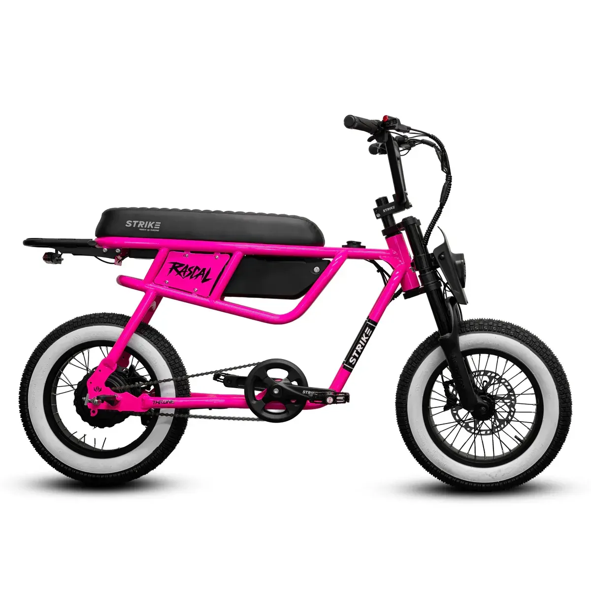 White electric bicycle with black tires and seat, outdoors.