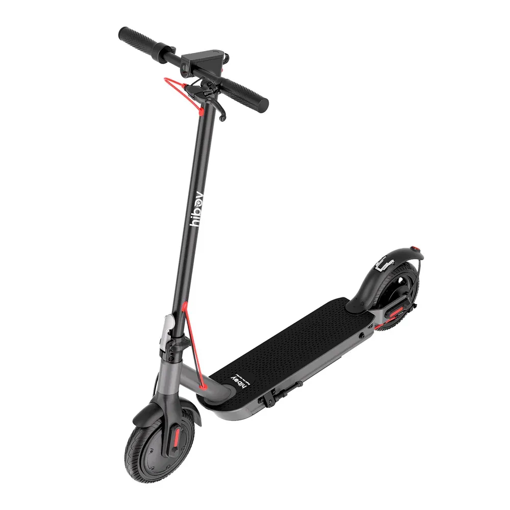 Black and gray electric scooter with red accents on white background.