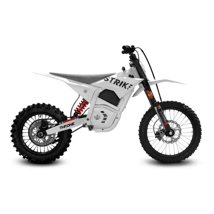 White electric dirt bike with black tires and red suspension.