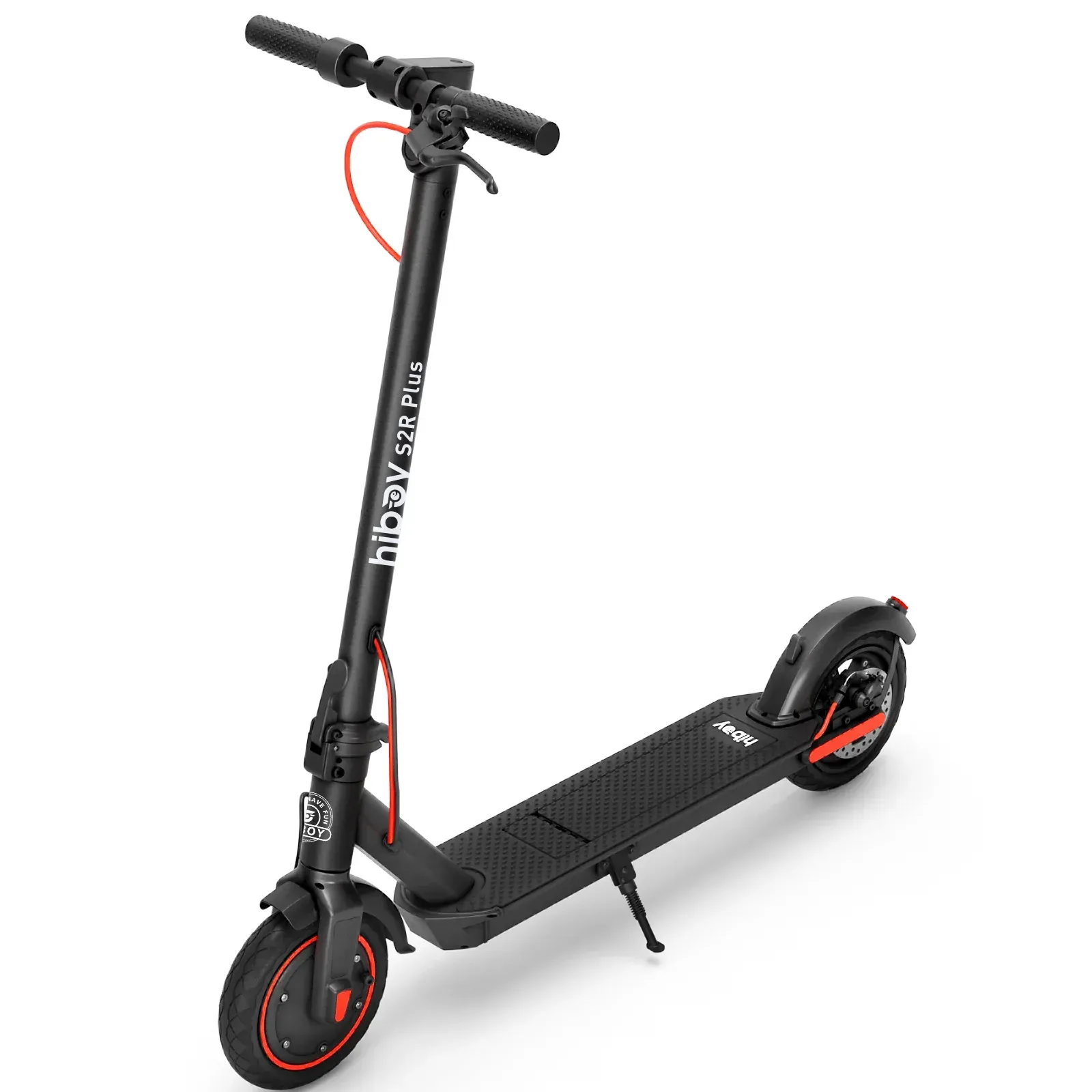 Black electric scooter with red accents, kickstand down, angled view.