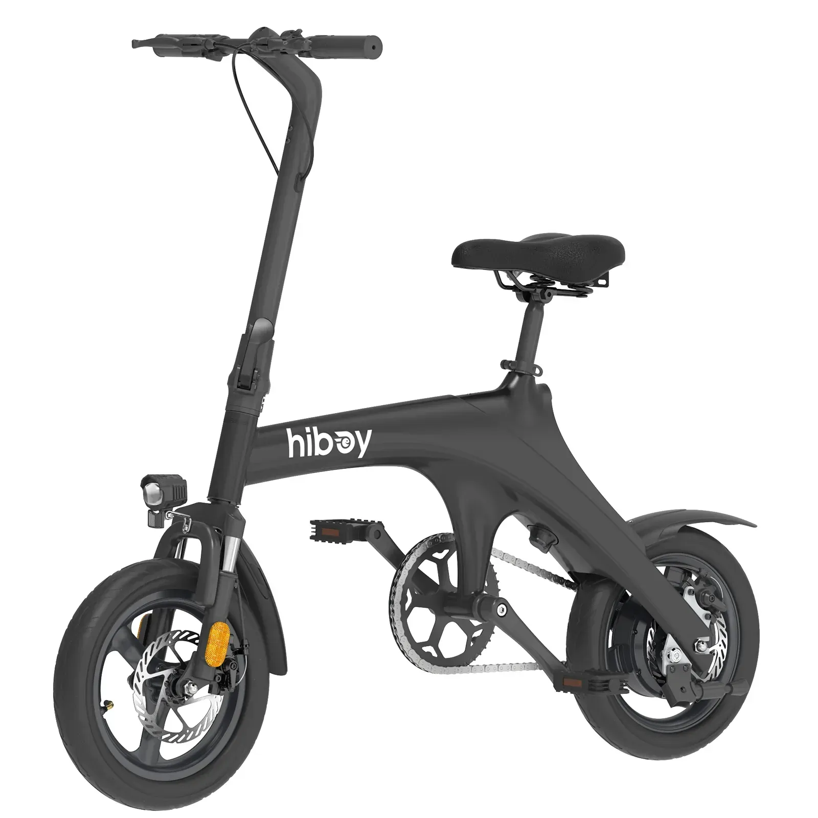 Black Hiboy electric folding bicycle with pedals and disc brakes.