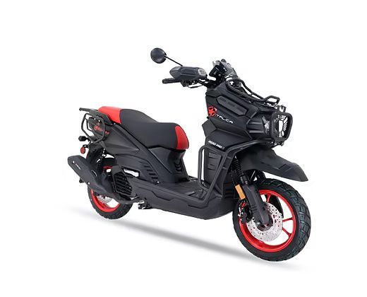 Black and red scooter with a red seat and wheels on a white background.