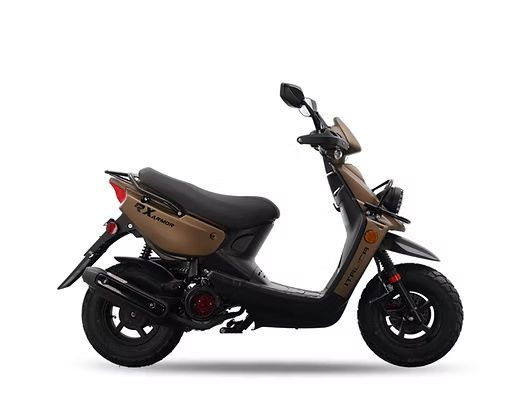 Tan and black scooter with round tires on a white background.