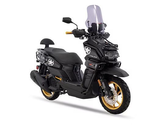 Black scooter with gold wheels, rack, windshield, and a star emblem.