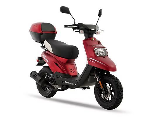 Red and white scooter with a storage box, side view, on a white background.