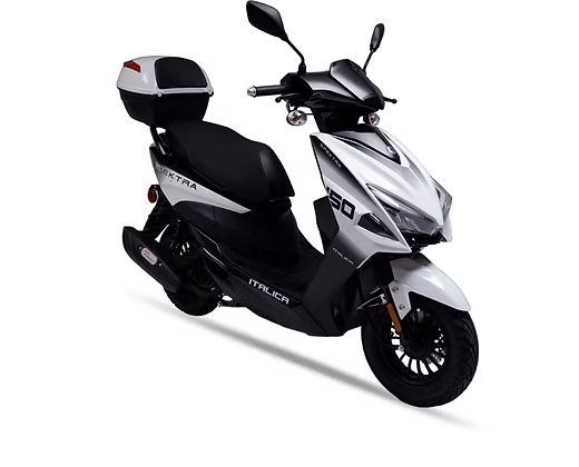 White and black Italica Spectra 150 scooter with a storage box.