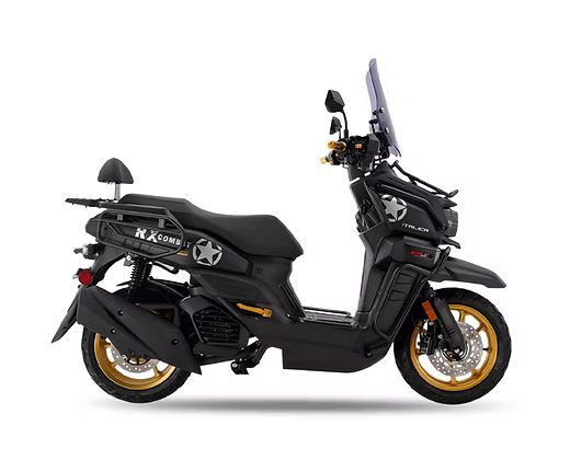 Black scooter with gold wheels, rack, windshield, and a star emblem.