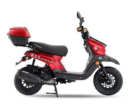 Red and black scooter with a cargo box, on a white background.