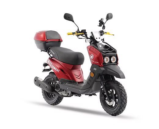 Red and black scooter with a cargo box, parked on a white surface.