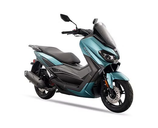 Blue scooter with black accents, parked on a white background.