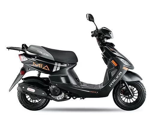 Black and gray Italica Mia scooter with a small cargo rack, on a white background.