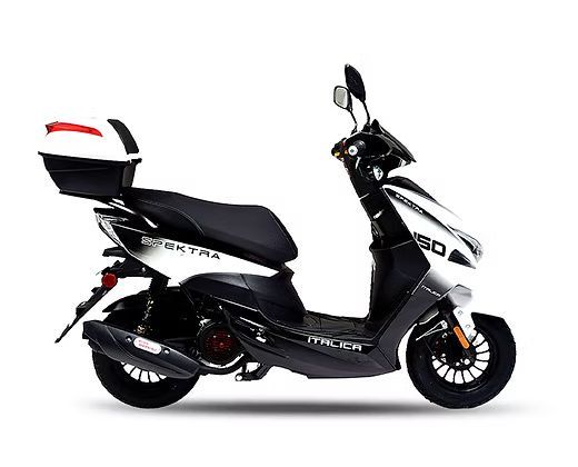 White and black Italica Spectra 150 scooter with a storage box.