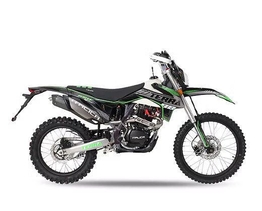 Green, black, and white dirt bike on a white background. "Terra" and other logos visible.