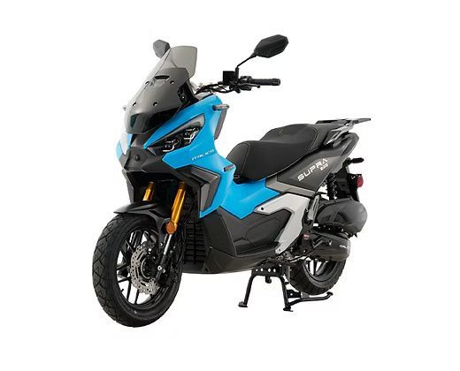 Blue and black ADV style scooter with black wheels, on a white background.